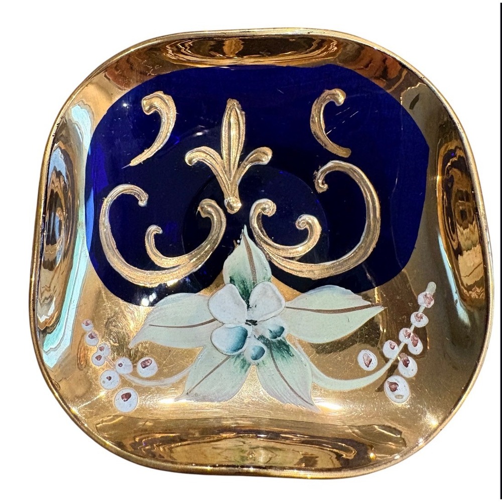 Vintage Trinket Dish Blue Gold Hand Painted Floral Made in Italy Glass